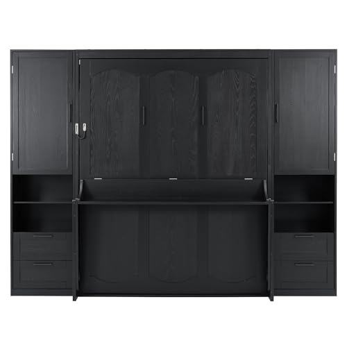 Image of Merax Queen Size Murphy Bed with Desk, Multifunctional Foldable Wall Bed with Closet, Drawers and Shelves, Space-Saving Wood Bed Frame for Small Space Studio Study Office Guest Room, Black(Oak Veneer)