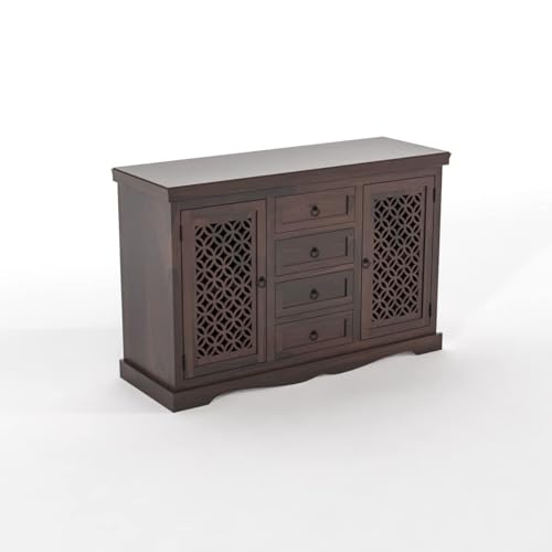 Image of Solid Sheesham Wood Sideboard and Cabinets | Wooden Side Board Media Console Tv Cabinet for Living Room | Free Standing Cabinet with 4 Drawers & 2 Door Cabinet Storage | Walnut Finish