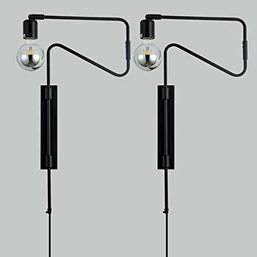 Rustic Swing Arm Plug in Wall Sconce Lamp Light, Black Plating Plug in or Hardwired Industrial Retro Rustic Antique Wall Lamp for Living Room Bedroom, Set of 2