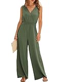 BLENCOT Women's V Neck Tank Jumpsuits Pleated Fashion Wide Leg Loose Knit Casual Fall Summer Maternity One Piece Rompers Overalls Green X-Large
