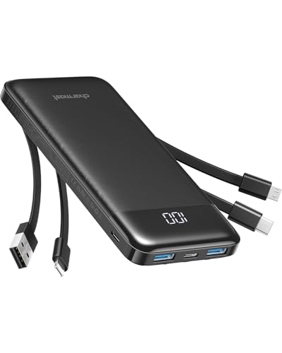 Charmast Power Bank with Built in Cables X 4, 10000mAh USB C Battery pack 6 Outputs 3 Inputs with LED Display Type C Powerbank Portable Charger Compatible with Smartphones Tablets and More