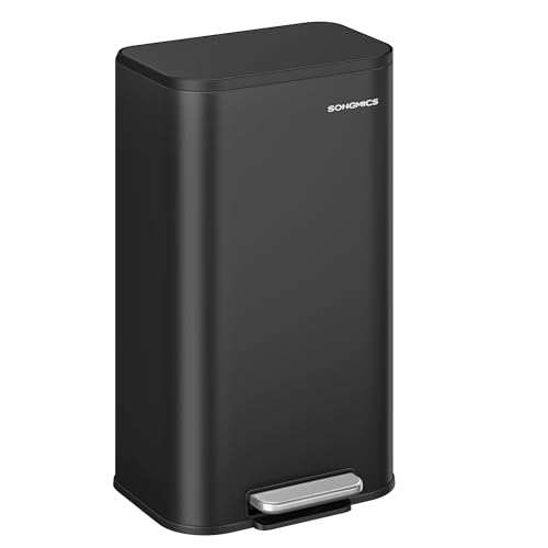 SONGMICS Kitchen Trash Can, 8-Gallon (30 L) Garbage Can with Lid, Stainless Steel, Soft Close and Stays Open, Inner Bucket, Wide Non-Slip Pedal, Ink Black ULTB546B01