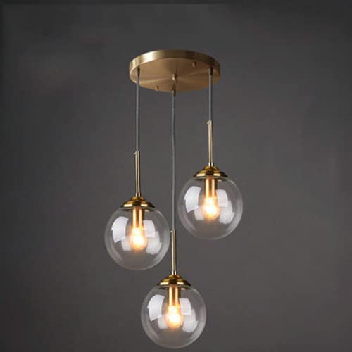 Lampada a sospensione a sfera in vetro trasparente/grigio fumo/ambra Lampadario industriale in ottone vintage a 3 luci Lampada a sospensione a grappolo E27 Plafoniera per soggiorno con isola cucina