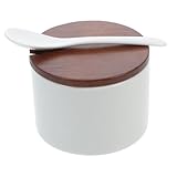 Ciieeo Gewürzdose aus Keramik gewürzgläser Gewürzspender Gewürzbehälter mit Deckel Gläser mit Löffeln und Deckeln Salzschale mit Deckel und Löffel Gewürztopf Salzbehälter aus Keramik Holz