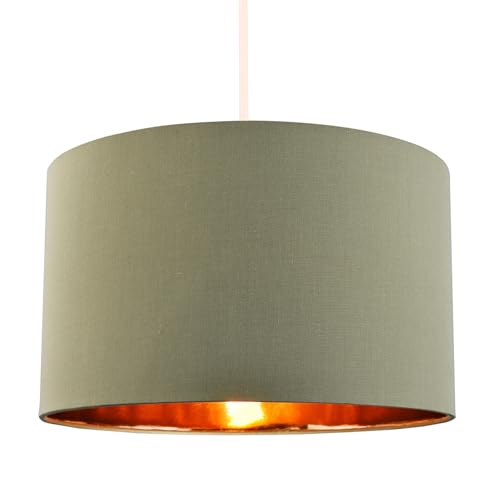 Modern and Chic Olive Green Cotton Fabric 16" Floor, Table or Pendant Circular Drum Lampshade with Shiny Copper Inside | Beautiful Statement Piece by Happy Homewares - Image 3