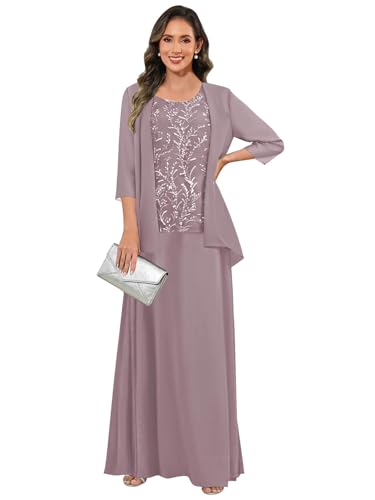 Elyszian 3 Pieces Formal Grandmother Dresses with Jacket A Line Wisteria Chiffon Long Sleeve Mother of the Bride Dress Size 14