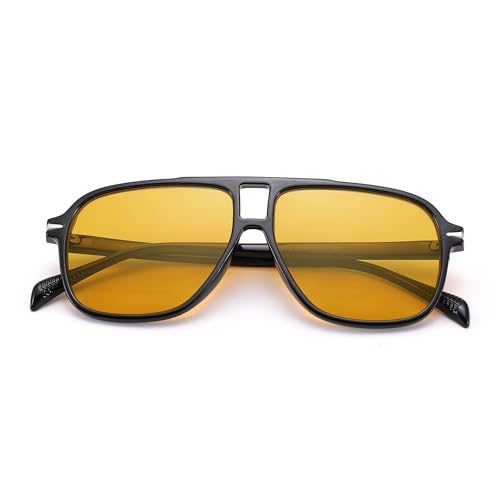 COASION Retro Pilot Sonnenbrille für Frauen Männer Klassisch Rechteckig Doppelsteg Brille Übergröße 70er Jahre Vintage Eyewear UV400 Schutz(Glänzend Schwarzer Rahmen/Orange Gläser)