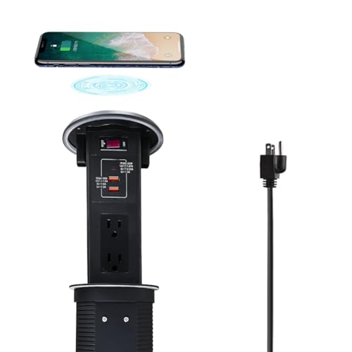 ZESHAN Pop Up Outlet Socket with 15W Wireless Charger, 1 Switch, 2 US Power, 2 USB A and 1 USB C PD Fast Charging Ports for Home/Office Conference Table and Kitchen Countertop, Black