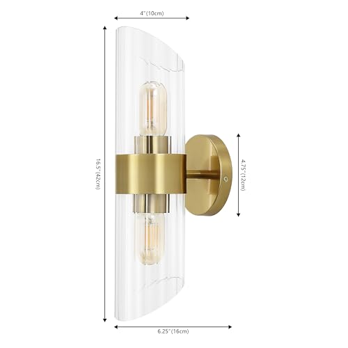 Image of SAFAVIEH Lighting Collection Eytan Clear Glass /Brass Vertical Wall Sconce Set of 2 Light Fixture, Ideal for Bathroom, Entryway, Vanity, Foyer, Hallway, Living Room (LED Bulbs Included)