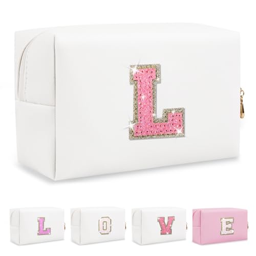 Small Initial Patch Makeup Bag Personalized Gifts Make Up Bag,White Cute PU Leather Glitter Letter Cosmetic Bag with Zipper,Trendy Portable Travel Toiletry Pouch,Preppy Stuff for Teen Girls Women L