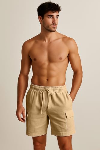 Image of INKKR Men's Cargo Linen Shorts Beach Shorts Drawstring Elastic Multi Pocket Plain Comfort Breathable Knee Length Cotton Shorts