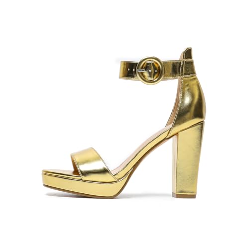 Amoji Women's Chunky Platform Heels Dressy Shoes Heels Dress Shoes Thick Hight Wedding Heels 301F4 Gold Shoes Size 11 women — view 4