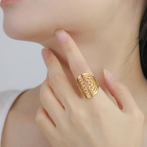 TEAMER Adjustable Filigree Flower Ring Stainless Steel Elegant Flower Open Ring Wedding Band Ring for Women2