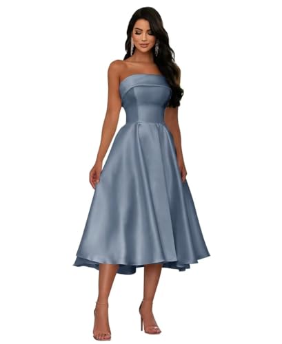 Ontoefy Strapless Satin Prom Dresses 2026 Tea Length Party Dress