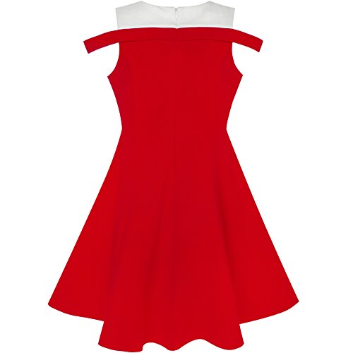 Sunny Fashion Girls Dress Red White Cold Shoulder Color Contrast Holiday2