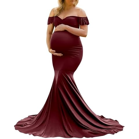 Saslax Off Shoulder Ruffle Sleeves Elegant Fitted Maxi Maternity Dress for Photoshoot Baby Shower Burgundy 12 Medium Cover