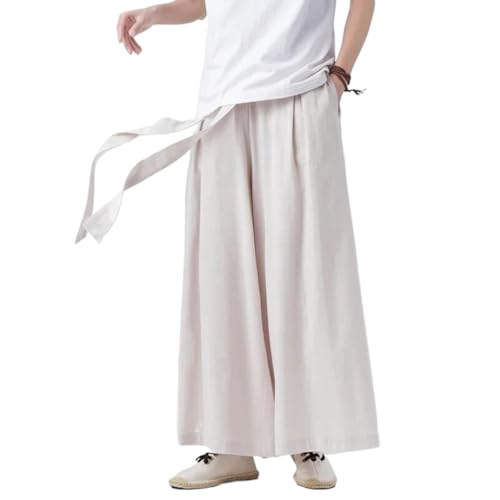Chinese Style Linen Cotton Retro Pants Man Summer Kimono Solid Color Male Streetwear Casual Wide-Leg Trousers