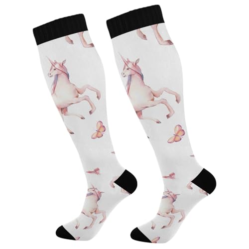Dussdil Pink Unicorn Pony Butterfly Compression Socks for Women Men Circulation Long Knee Sock for Sport Gym Running Stockings