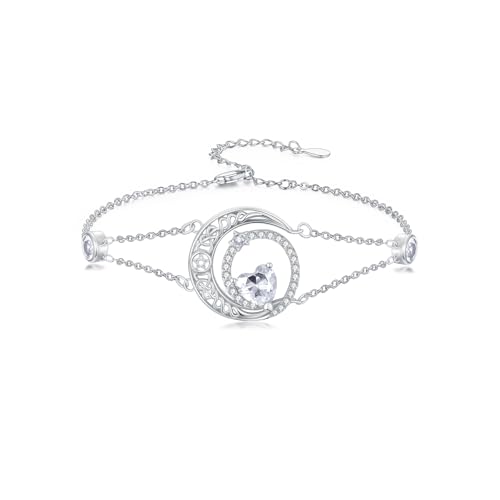 Image of Dorunmo 925 Sterling Silver Moon Heart Birthstone Anklet Bracelets for Women Best Mother's Day Birthday Jewelry for Wife Girlfriend Mom Her