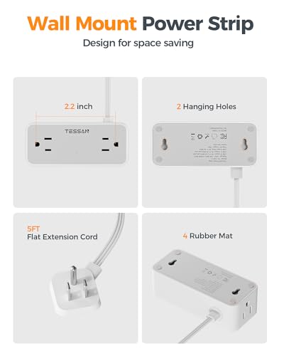 Surge Protector Flat Extension Cord Indoor, TESSAN Flat Plug Power Bar with 4 Multiple Outlets, 3 USB Ports (1 USB C), 5 Feet Small Power Strip Wall Mounted for Home Office Dorm Ro image 6