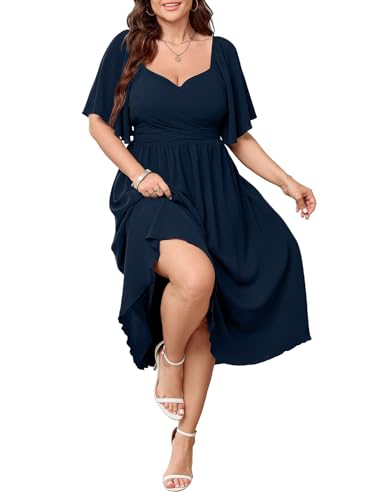 Image of SHESTARR Women's Plus Size Midi Dress Sweetheart Neck Short Sleeve Wedding Guest Cocktail A Line Flowy Dress