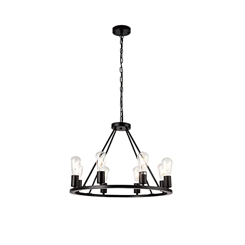 Lustre industriel noir mat 8 douilles pour éclairer une grande table de ferme