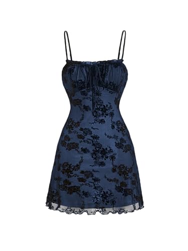 WDIRARA Women's Floral Print Mini Dress Y2K Vintage 90s Goth Mesh Short Cami Dresses