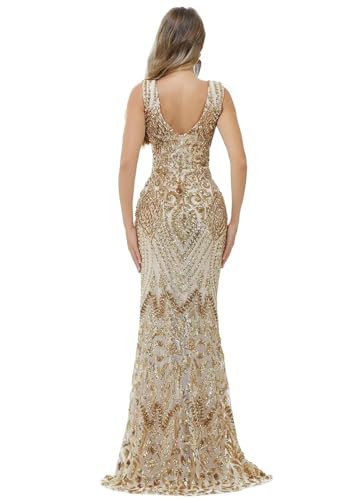 Image of Women's Wedding Bridesmaid Gown Sequined Mermaid V Neck Sleeveless Evening Dress