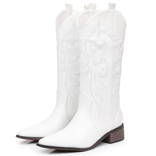 Cowboy Boots for Women, Pointed Toe Chunky Heel Western Boots, Mid Calf Embroidered Side Zip Brown Red Cowgirl Boots (white1, 7, Adult, Women, 7, Numeric, US Footwear Size System, Medium)