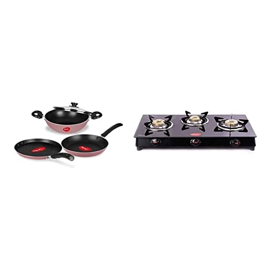 Pigeon by Stovekraft Basics Aluminium Non-Stick Cookware Set with One Lid (Pink)- Set of 3 and Glass Top Aster 3 Burner
