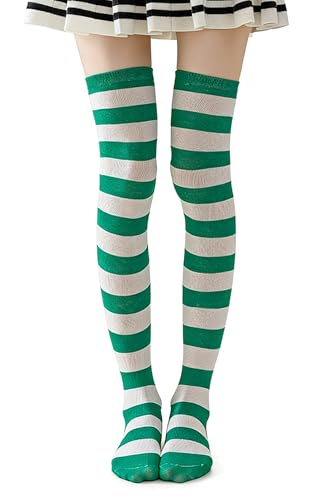 Bawnhaw Long Striped Thigh High Socks Green and White Over Knee Socks for Women Girls Elastic High Stocking Novelty Costume Leg Warmers for Patrick Day Christmas