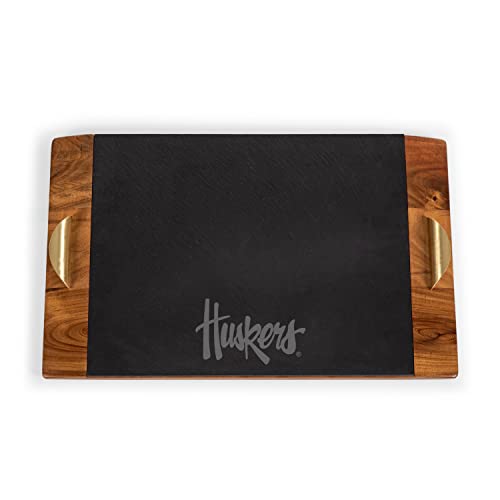 PICNIC TIME NCAA Nebraska Cornhuskers Covina Acacia and Slate Serving Tray, Charcuterie Board Set, (Acacia Wood & Slate Black with Gold Accents)