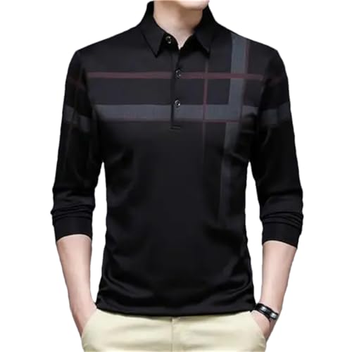 Vsadsau Men's Striped Long-Sleeved Polo Shirt Business Casual Loose Lapel Work Shirts