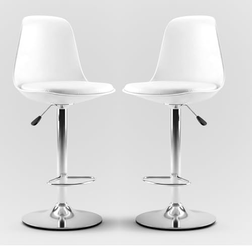 Image of DIYA Seating Solutions 360 Revolving Adjustable Height Bar Stool Chair with Chrome Metal Base | 1 Year Warranty | Leatherette Upholstery | Suitable for Different Counter Heights- White (Pack of 2)