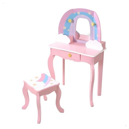 WOOMAX Teamson kids - Tocador infantil para niñas Arco Iris con taburete y espejo, Juguetes de madera, maquillaje para niñas (85397)