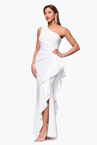 Image of Xscape Women's Floor Length One Shoulder Ruched Waist with Ruffle Bodice Evening Dress with Side Slit