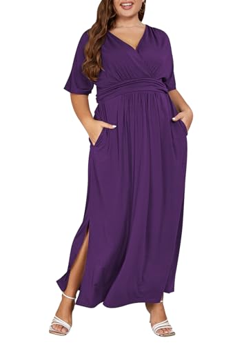 Image of Keluummi Plus Size Maxi Dress for Women Floral Empire Waist V-Neck 3 /4 Sleeve with Pockets