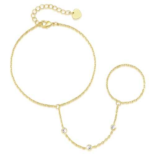 Gold Bracelets for Women 14K Gold Bracelet for Women Hand Chain Bracelet for Womens Trendy with Cubic Zirconia and Brilliant with Extender Rings Bracelet Hand Chain for Womens