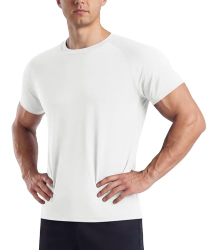 BOOJO Gym T Shirts Men UK Running Quick Dry Fit Top Short Sleeve Crew Neck Tshirt Breathable Active Wear for Sports Work(White L)
