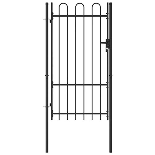 vidaXL Garden Drive Fence Gate Single Door with Arched Top Weather Resistant Outdoor Backyard Patio Fencing Barrier Steel 1x1.75m Black