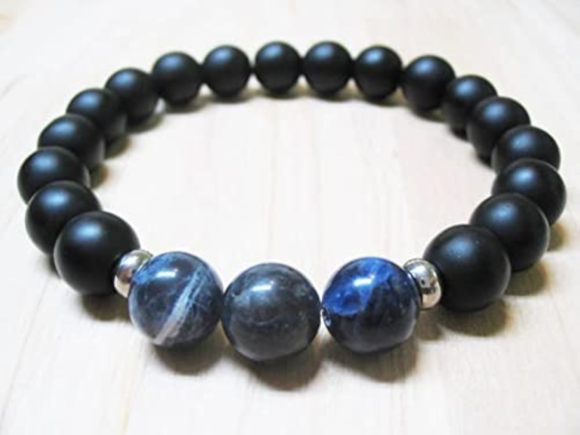 Natural Sodalite & Matte Black Onyx 8mm Beads Stretchable Bracelet, Unisex