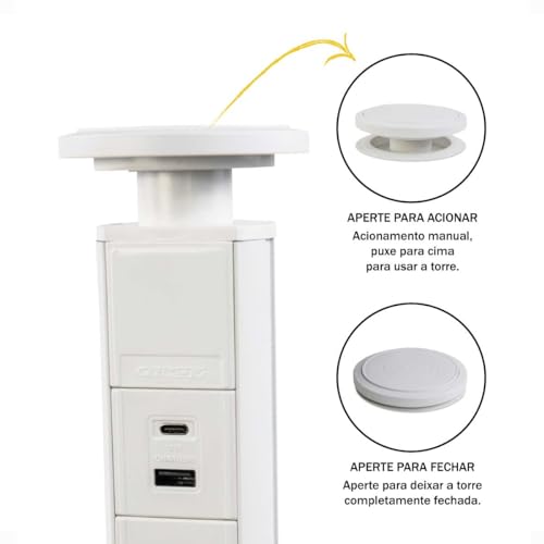 Torre De Tomadas Retrátil Bivolt Multiplug Usb A Usb C 3 Tomadas 20a De Embutir (Branca)