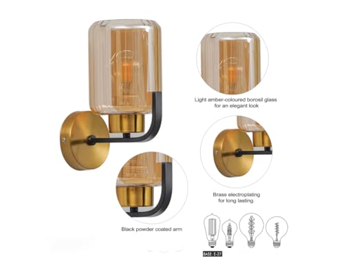 Image of Luxury Brass Finish Ribbed Glass Design Decorative Wall Lamp Sconce for Bedroom, Living Room, Hotel, Corridor, Cafe, Restaurant, Hallway,Balcony, Showroom