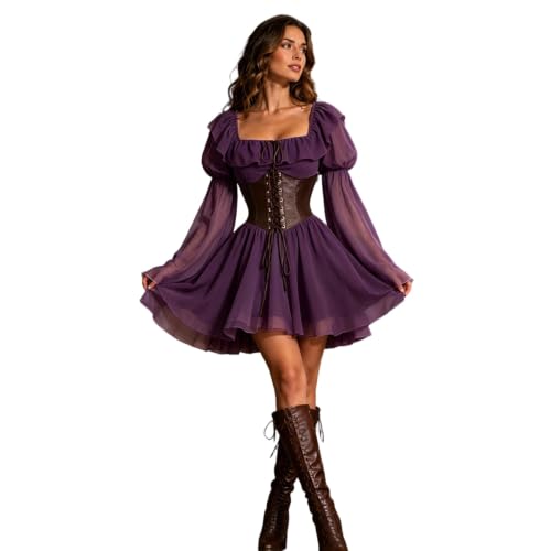 Renaissance Costume Women Off‑Shoulder Bell Sleeve Lace A‑Line Dress For Medieval Witch Goth Halloween Party - image 2