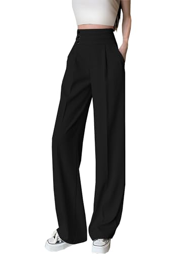 Betusline Women's High Waist Dress Pants Business Side Button Work Wide Leg Pants Straight Leg Trousers, X-Small-XX-Large2