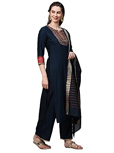 Image of INDO ERA Women's Cotton Blend; Organza & Rayon Kurta Palazzo With Dupatta Set