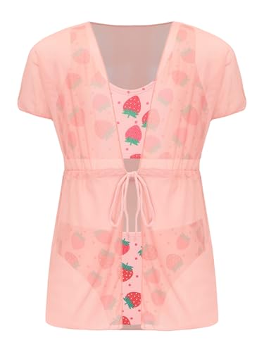 Kids Girls 3-Piece Spaghetti Straps Swim Tops and Bottom Bikini Swimsuit Mesh Belted Coverups Kimono Set3