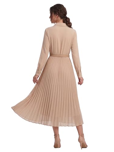 Image of Business Casual Shirt Dress for Women Long Sleeves Pleated Midi Dresses with Belt