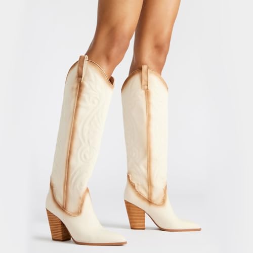 Vintage Embroidered Cowboy Boots Women Knee High Western Boots Suede High Chunky Stacked Heel Pointed Toe Tall Cowgirl Boots Satin Studded Combat Boot Pull On Fall Winter Dressy 4-11 M US3