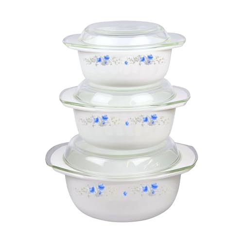 Reldor 3 Pcs Glass Casserole Dishes with Lids, Freezer, Microwave & Dishwasher Safe, Casserole Dish Set with Carry Handles, Break Resistant, Serving Dishes (1 + 1.5 + 2.5 Ltr), Blue Floral